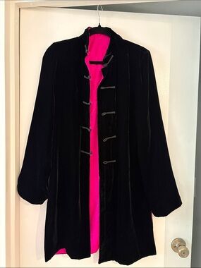 Black Velvet Coat Reversible in Hot Pink with Asian Motif